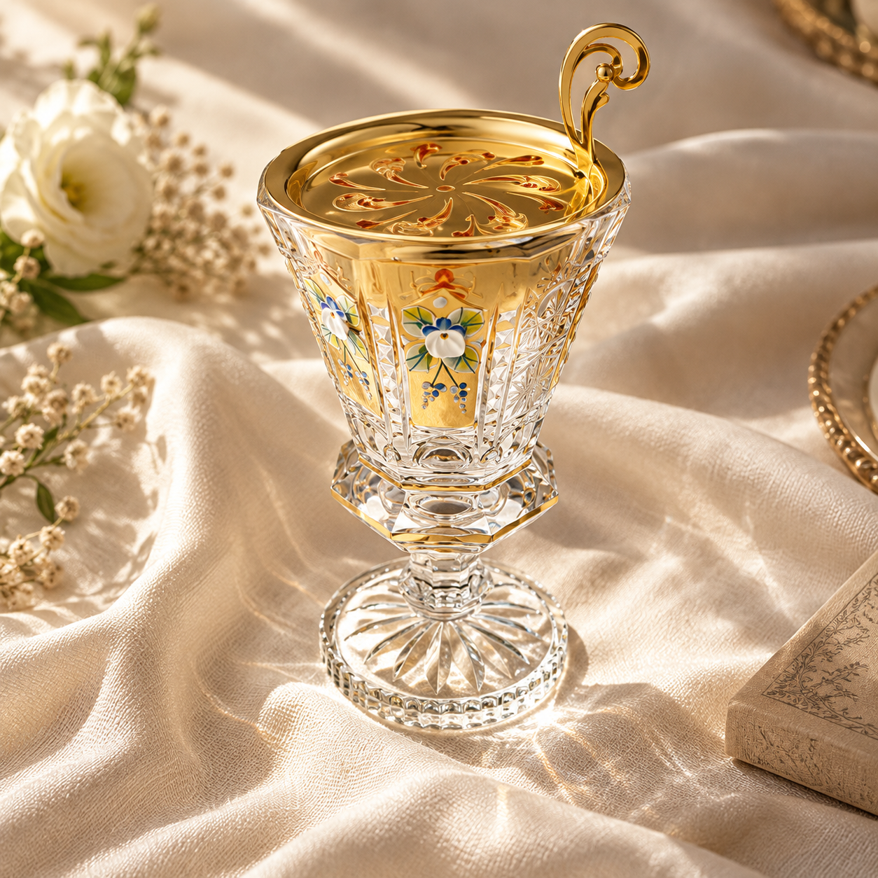 Belvedere Crystal Incense Goblet, Short Floral, Lifestyle
