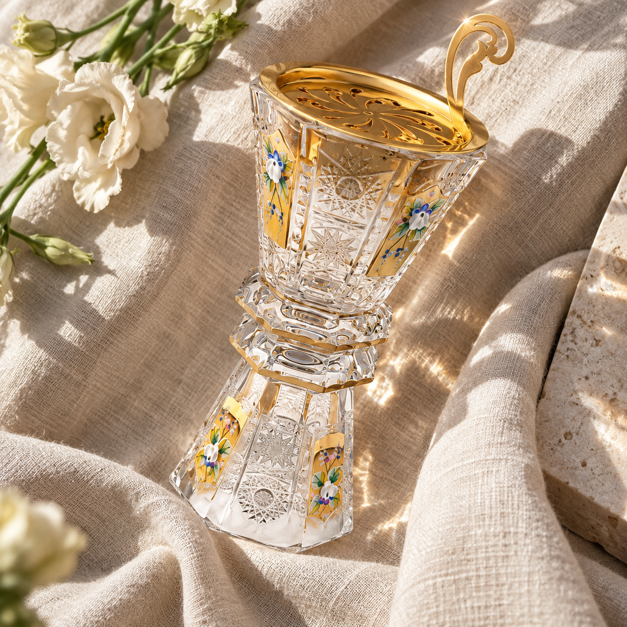 Belvedere Crystal Incense Goblet, Tall Floral, Lifestyle