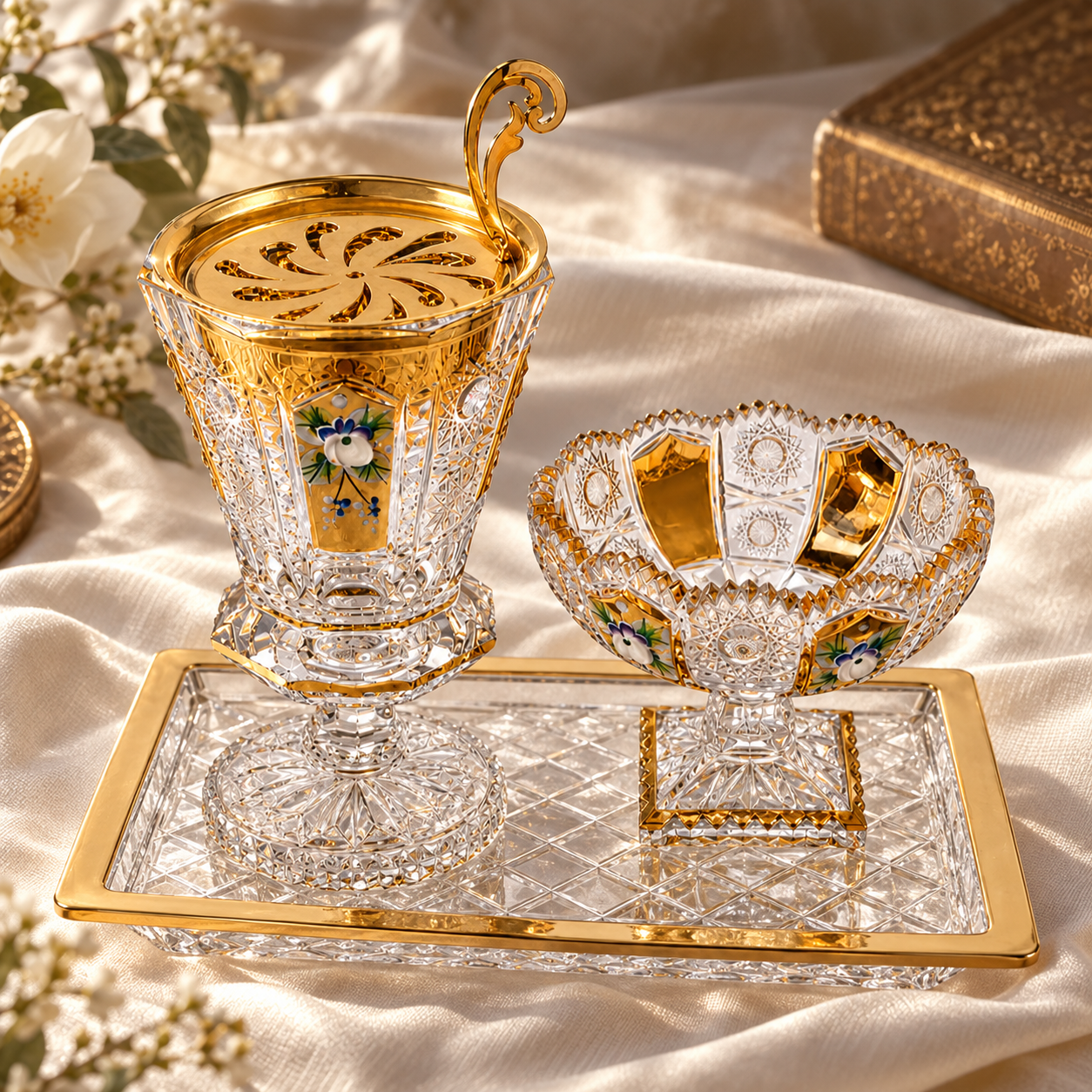 Aroma Trio Crystal Vanity Set, Gold Floral, Lifestyle