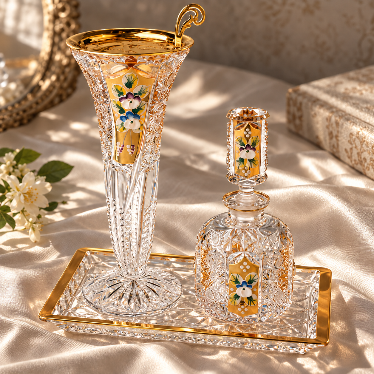 Aroma Trio Crystal Vanity Set, Gold Floral, Lifestyle