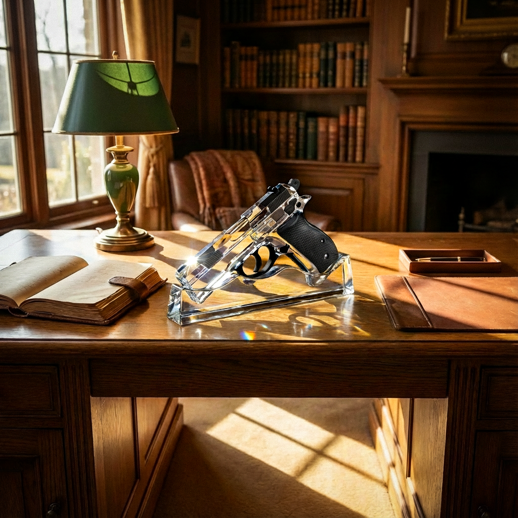 Bohemia Royal Crystal Matte Black gun display on a wooden desk with books and a lamp in a room with a fireplace.
