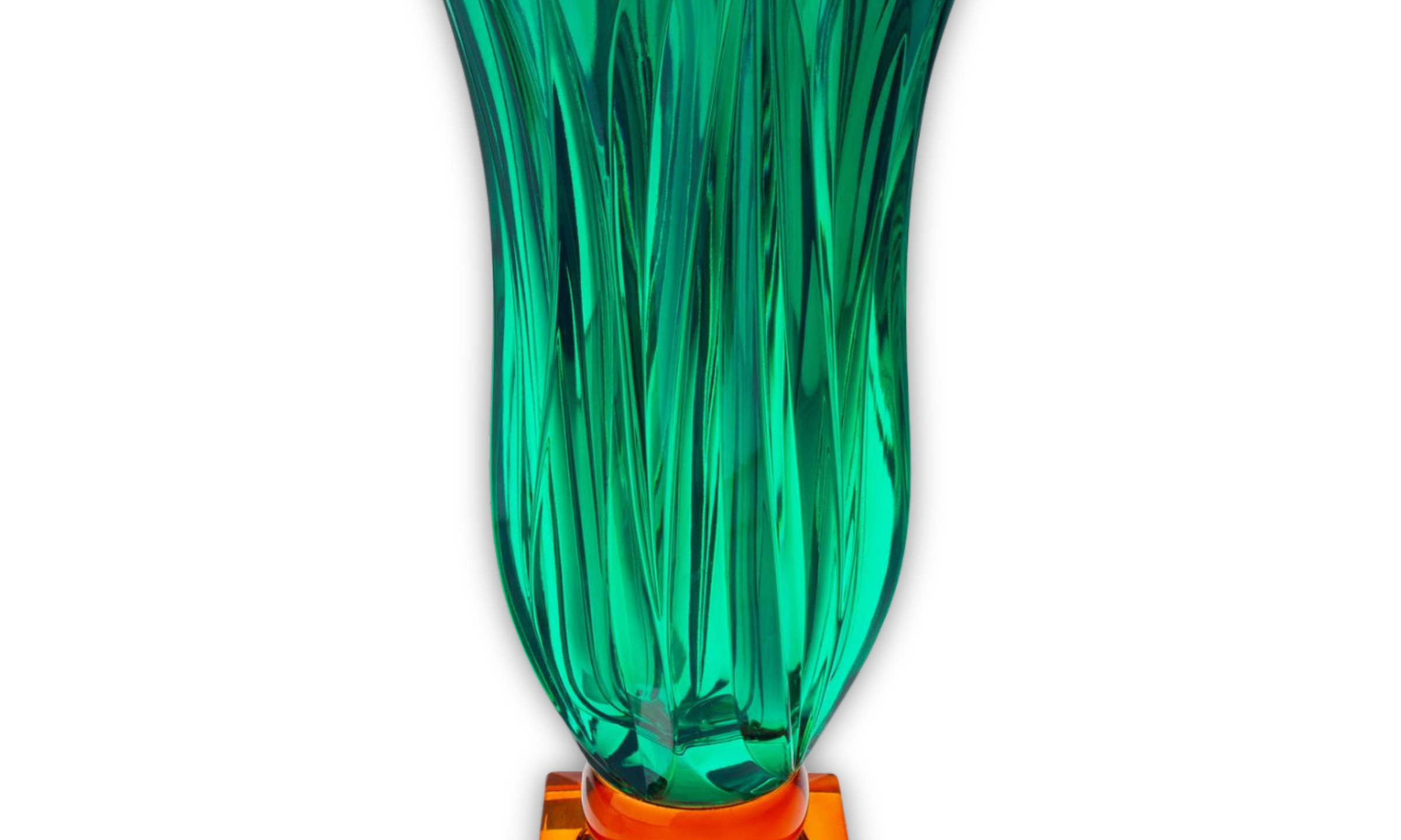 Green and orange glass vase on a white background