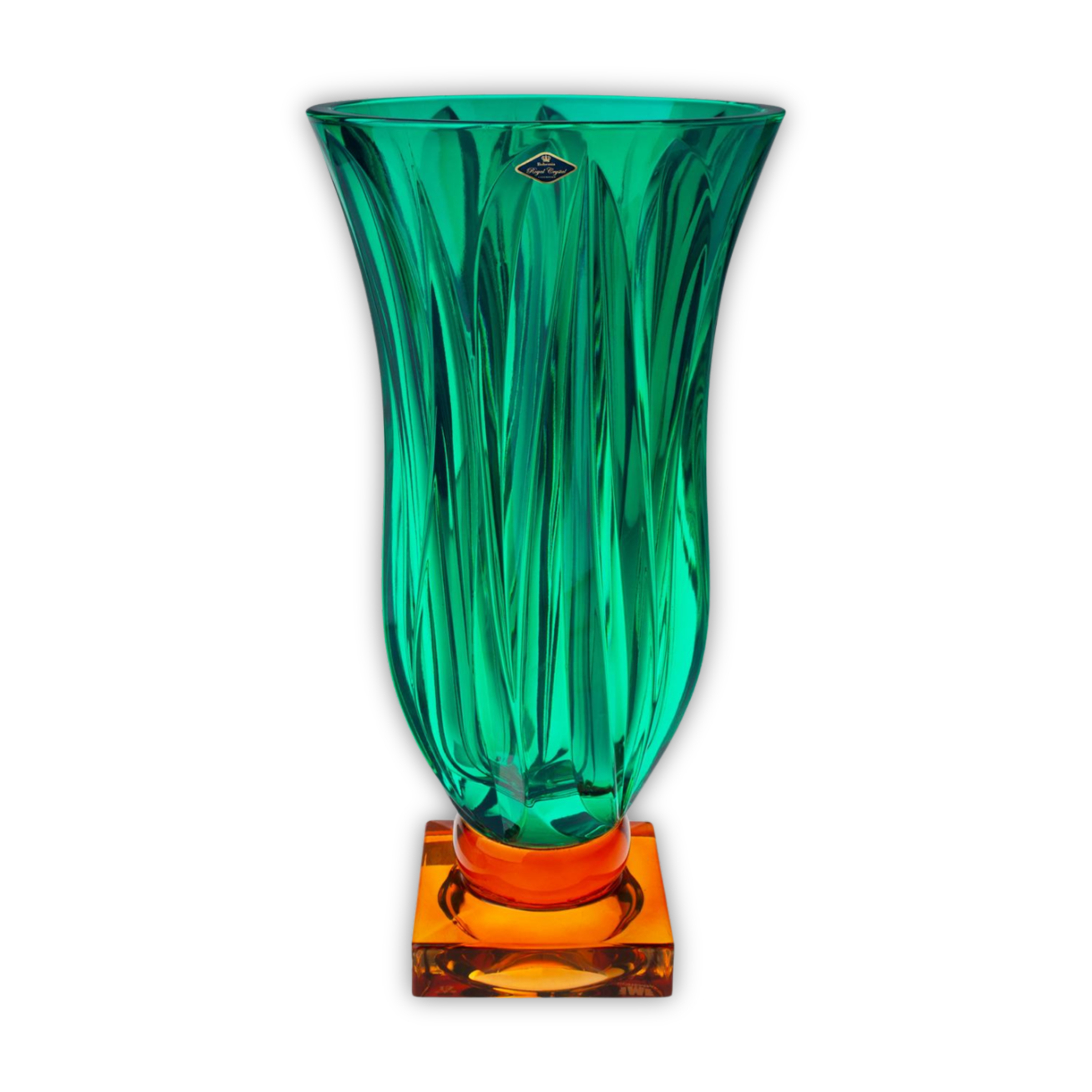 Green and orange glass vase on a white background