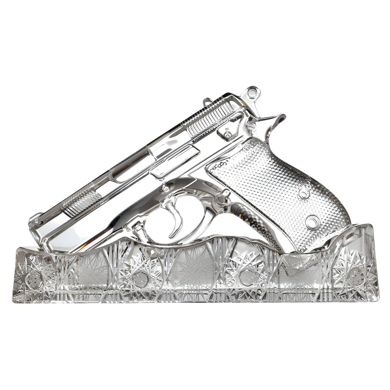 Decorative glass object shaped like a handgun on a white background