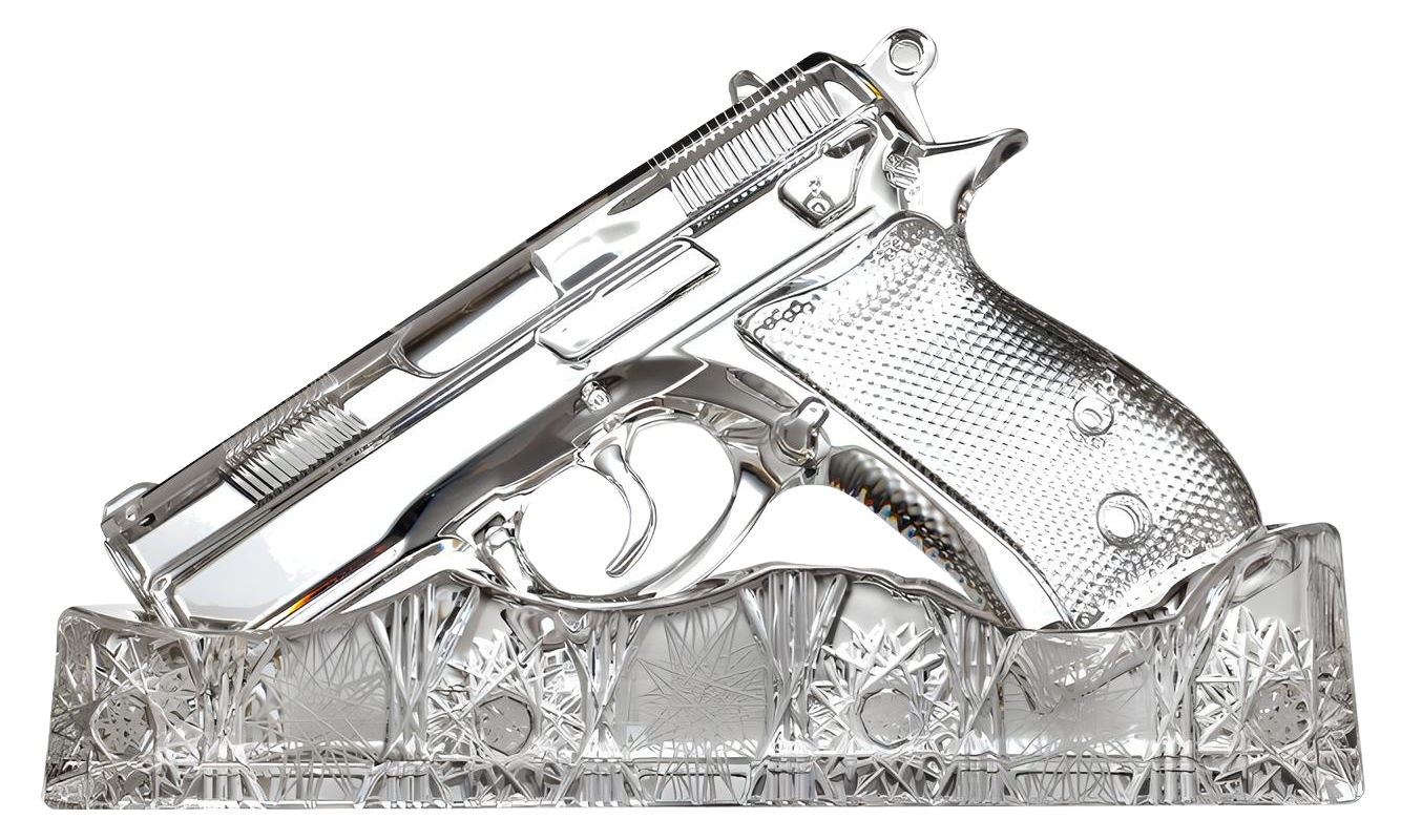 Decorative glass object shaped like a handgun on a white background