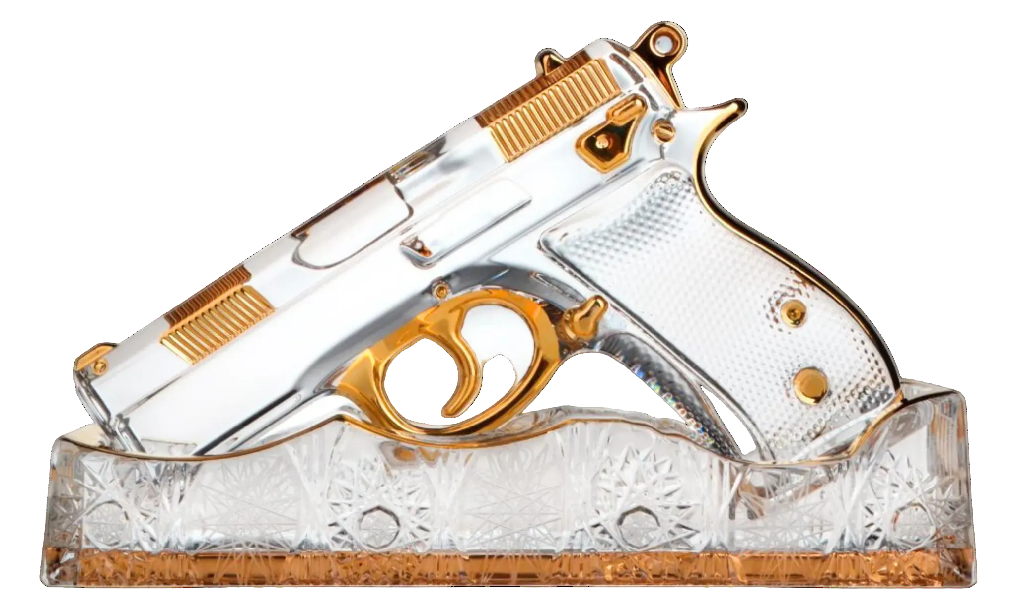 Decorative glass gun with gold accents on a white background