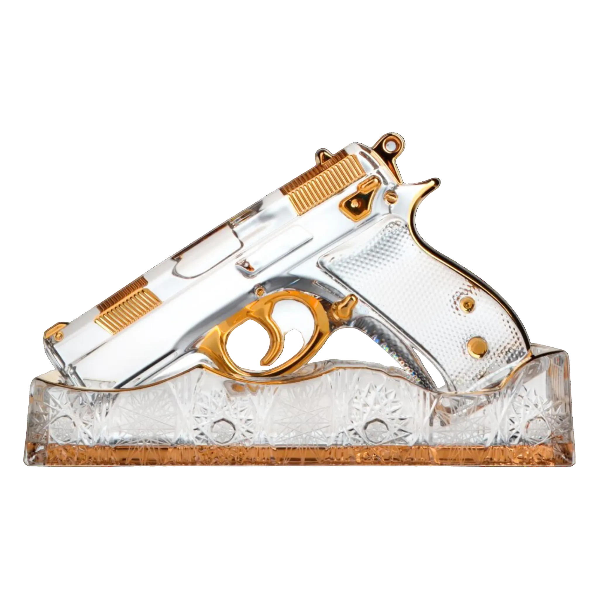 Decorative glass gun with gold accents on a white background