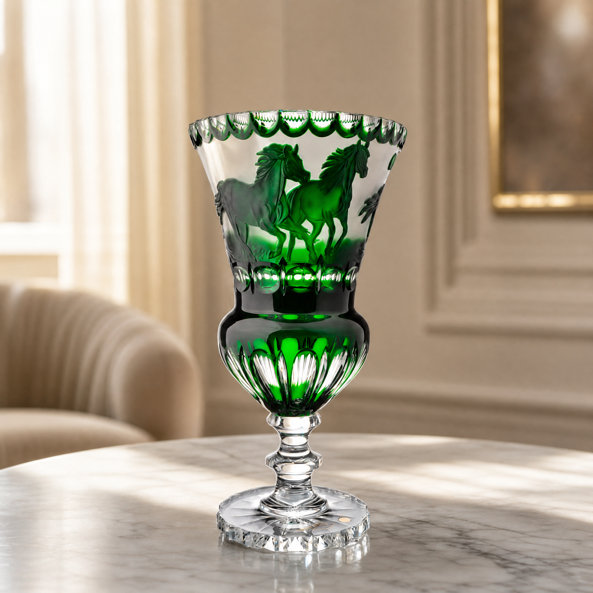 Decorative glass with green horse design on a marble surface