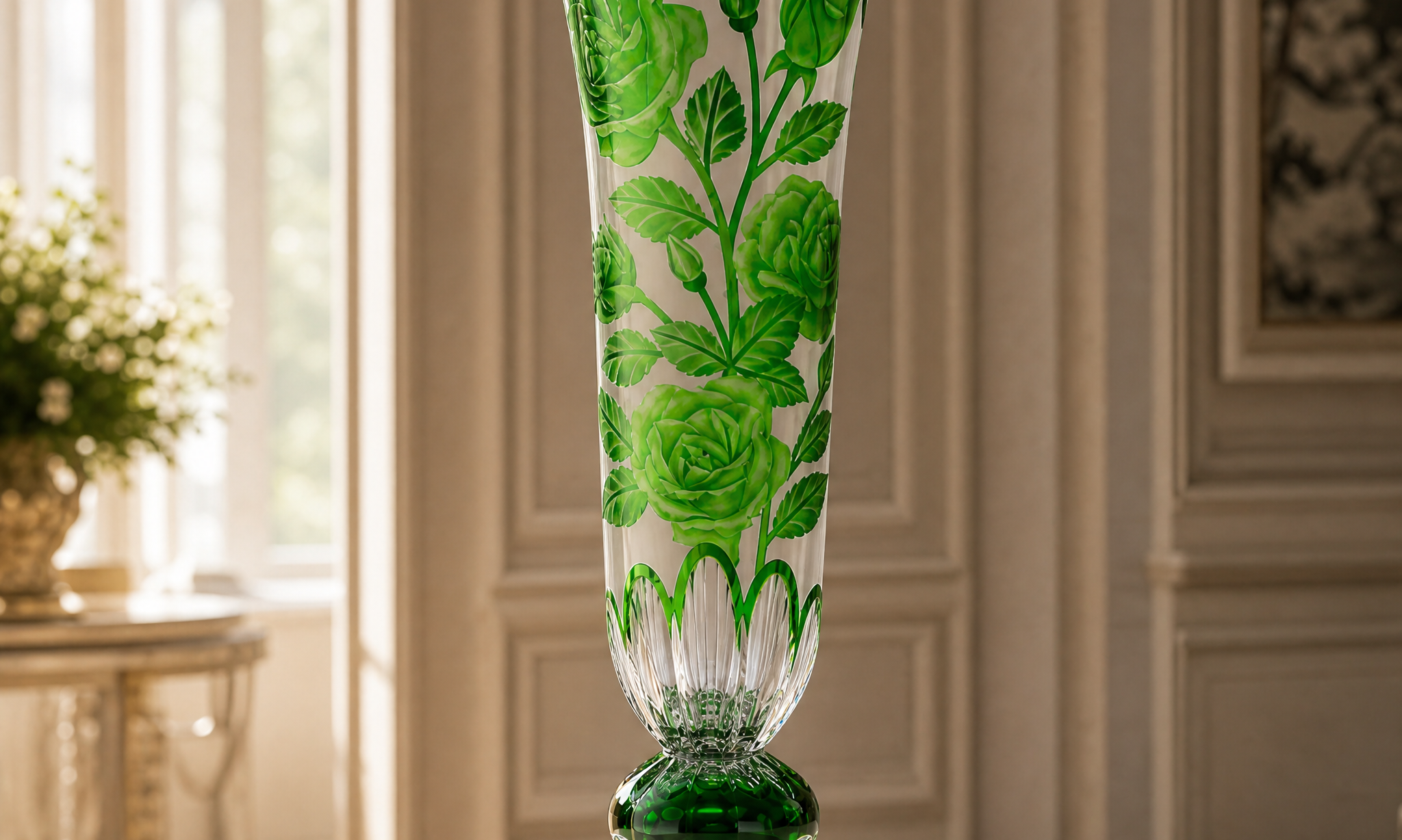 Decorative glass vase with green floral patterns on a table.