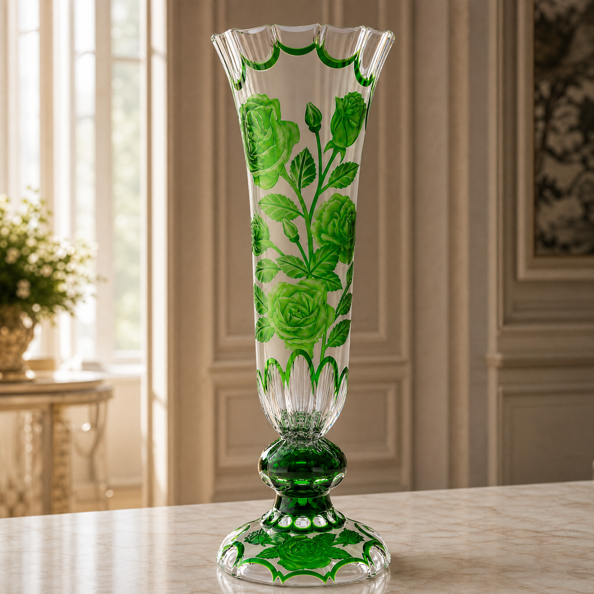 Decorative glass vase with green floral patterns on a table.
