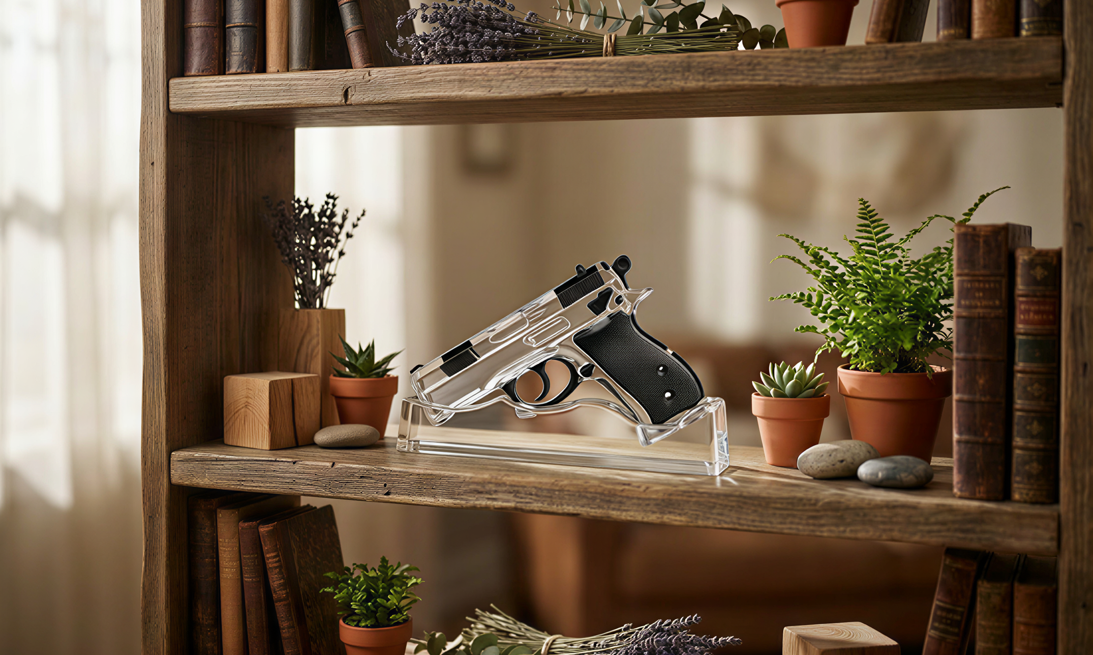 Wooden shelf with books, plants, and a transparent gun model.