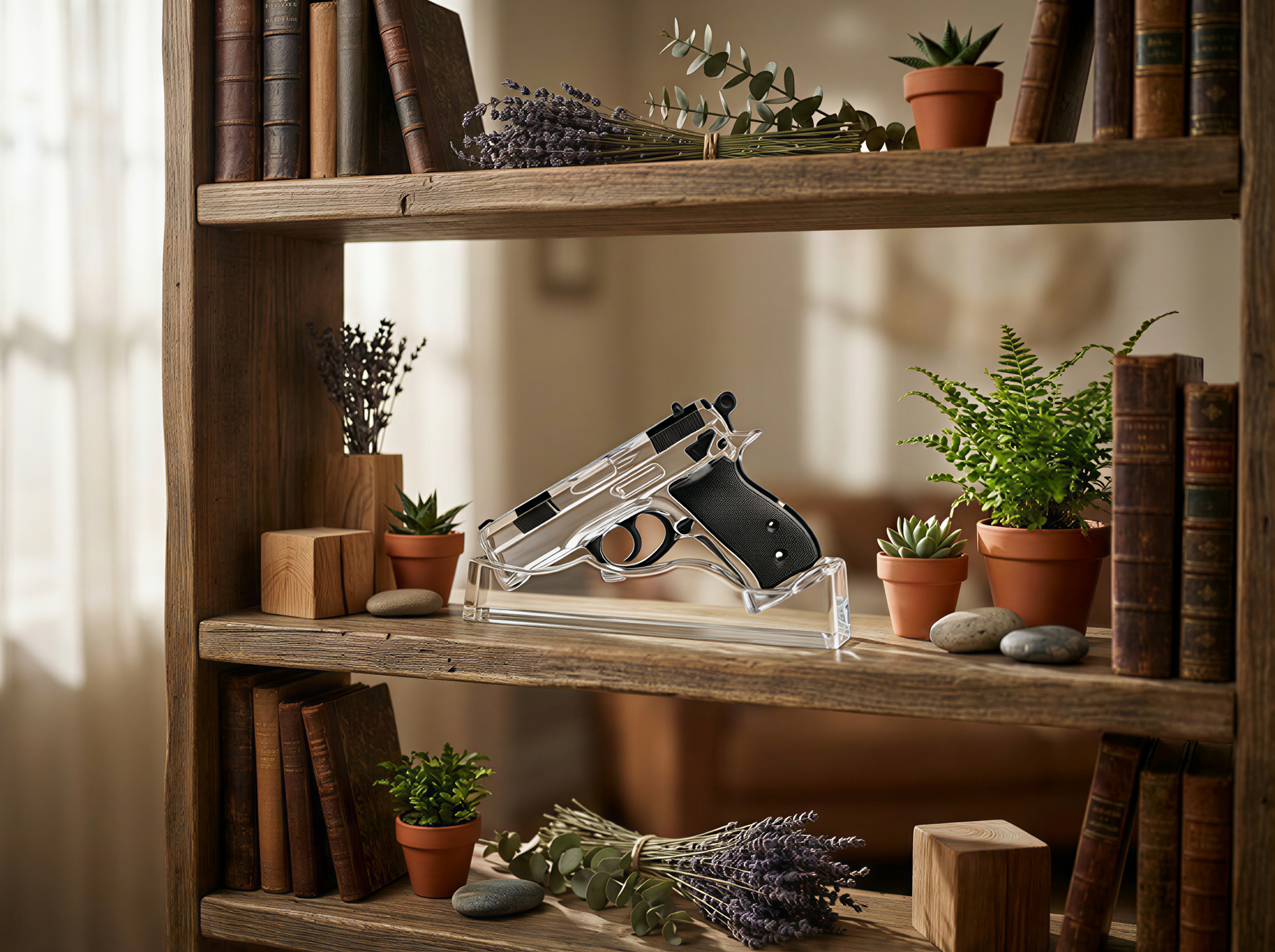 Wooden shelf with books, plants, and a transparent gun model.