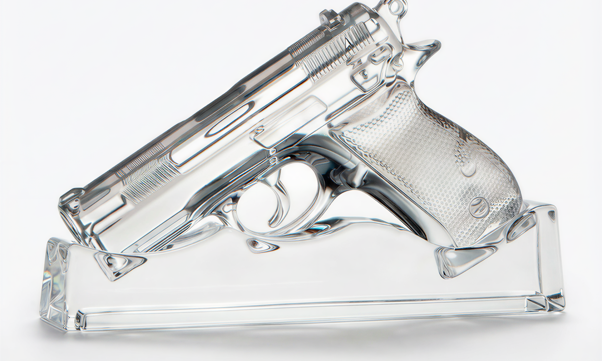 Clear glass gun-shaped object on a white background