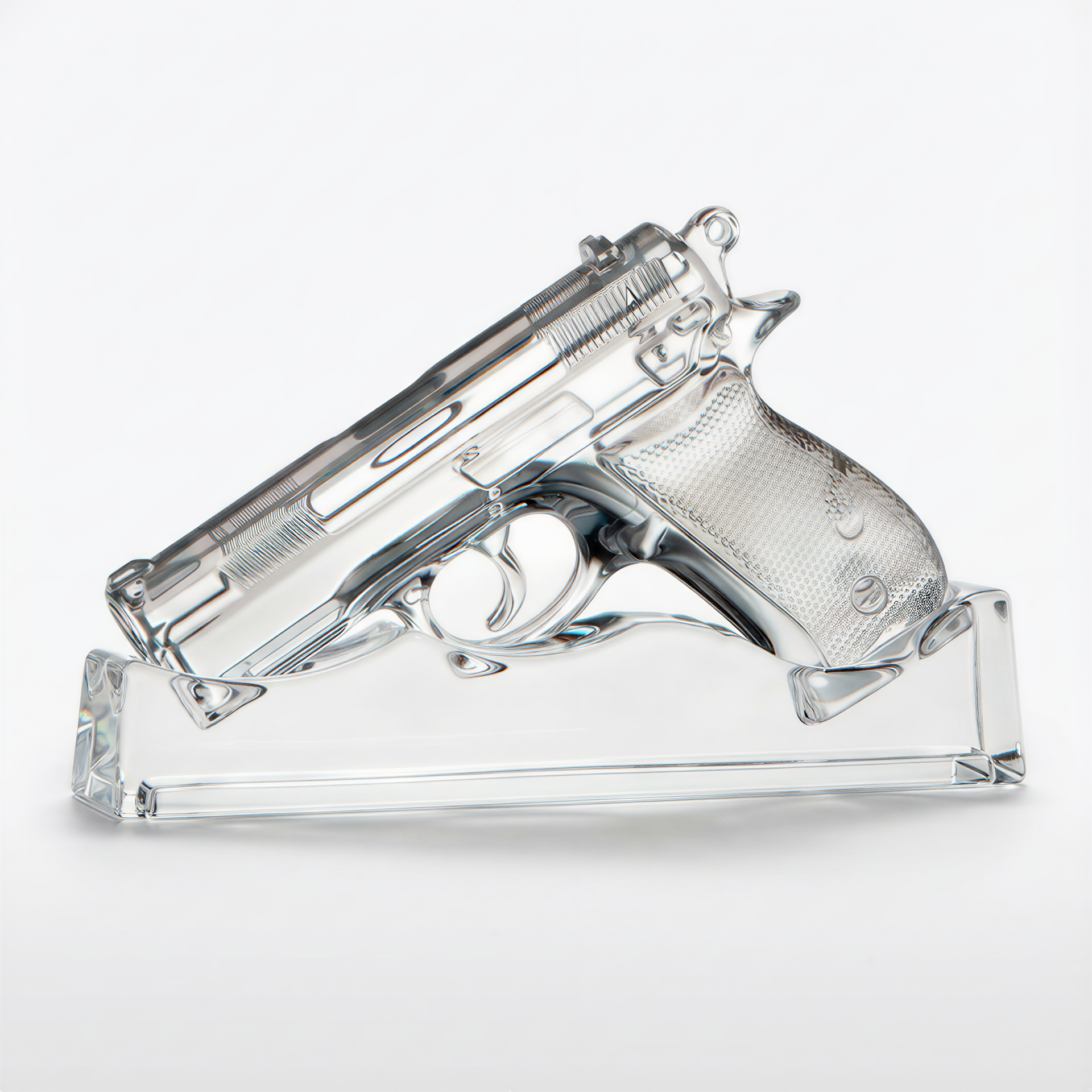 Clear glass gun-shaped object on a white background