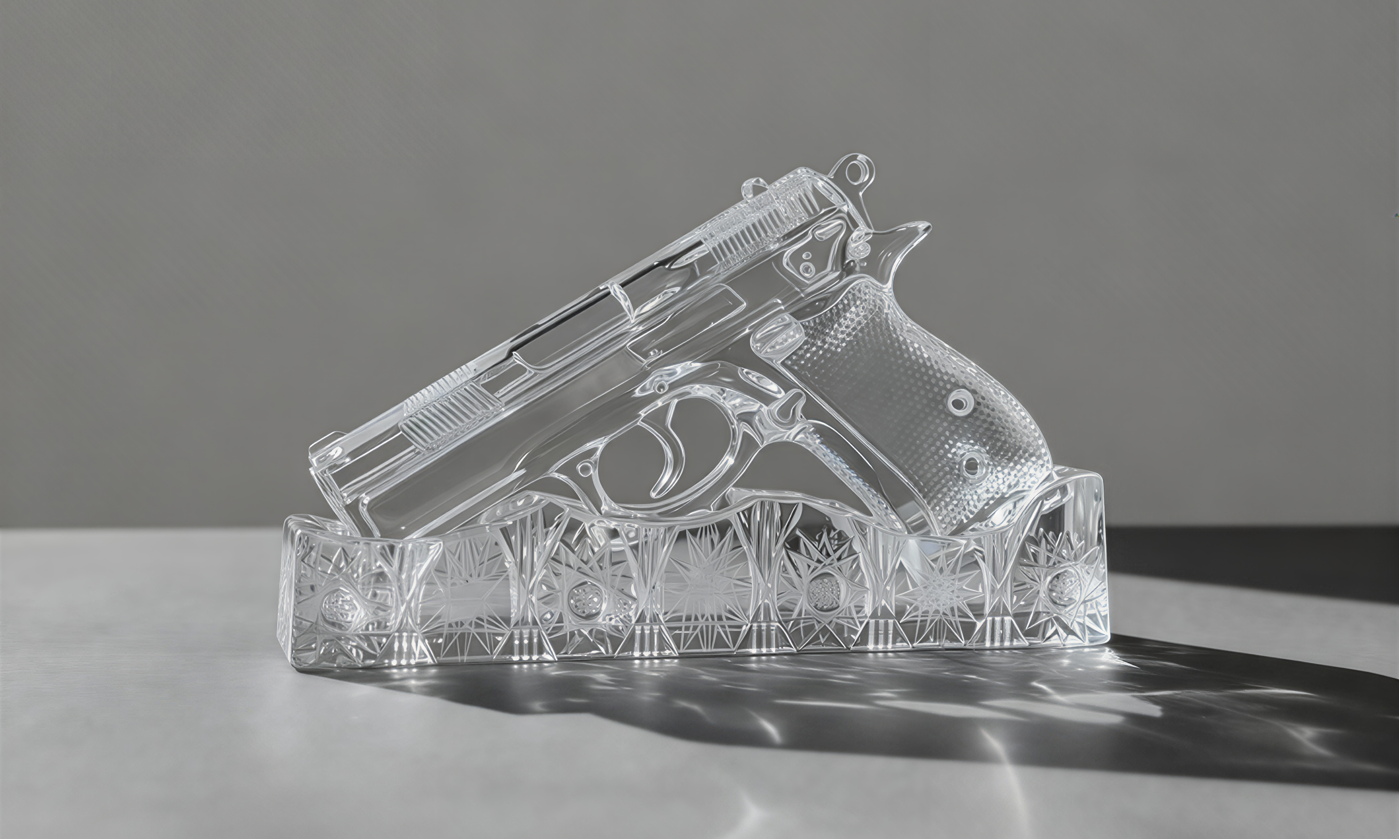Clear crystal sculpture of a handgun on a reflective surface with a gray background