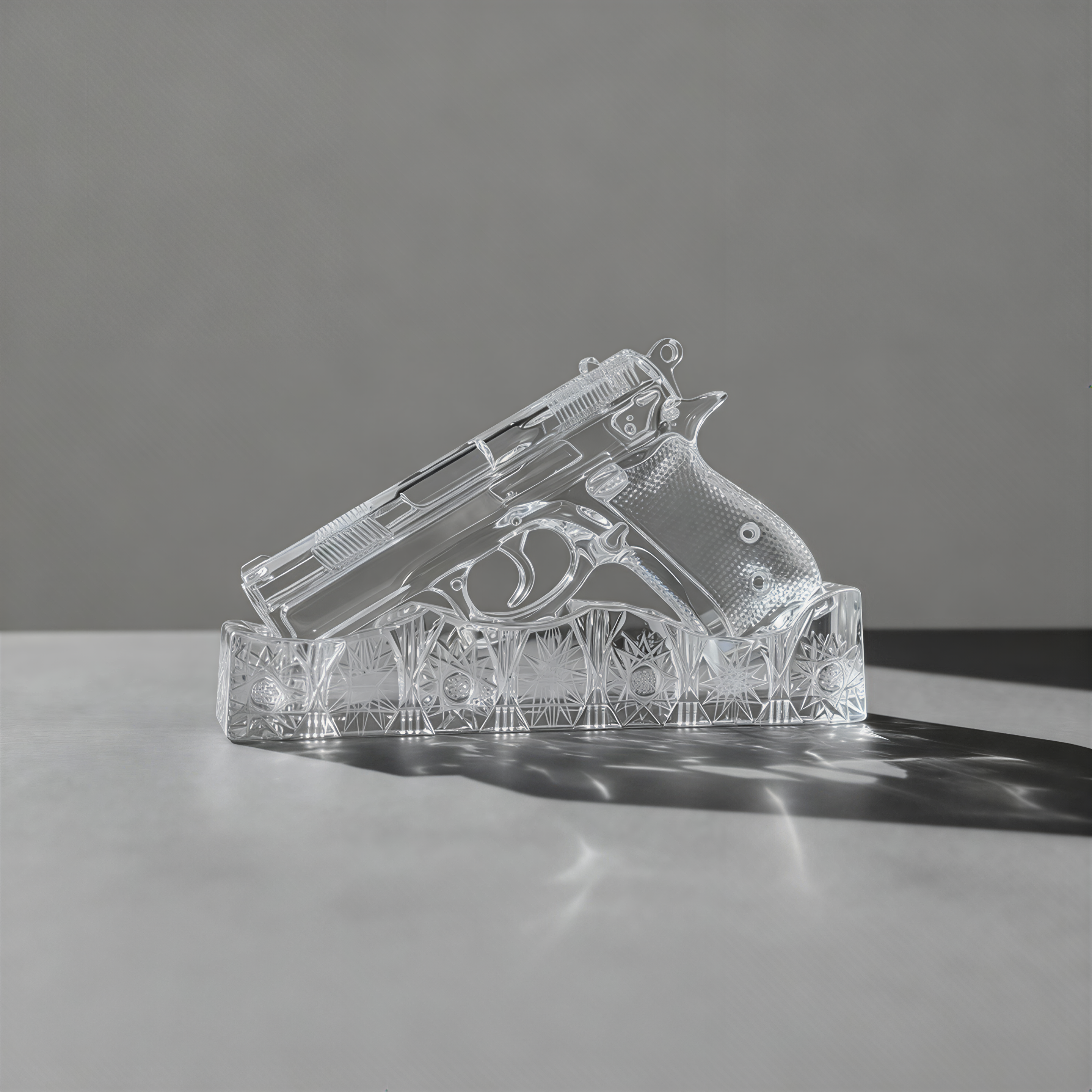 Clear crystal sculpture of a handgun on a reflective surface with a gray background