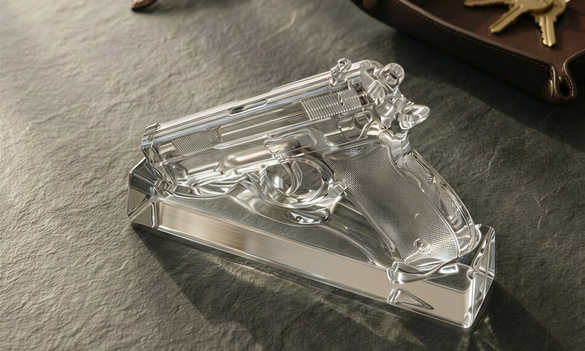 Clear glass gun-shaped object on a dark surface with a watch and keys in the background.