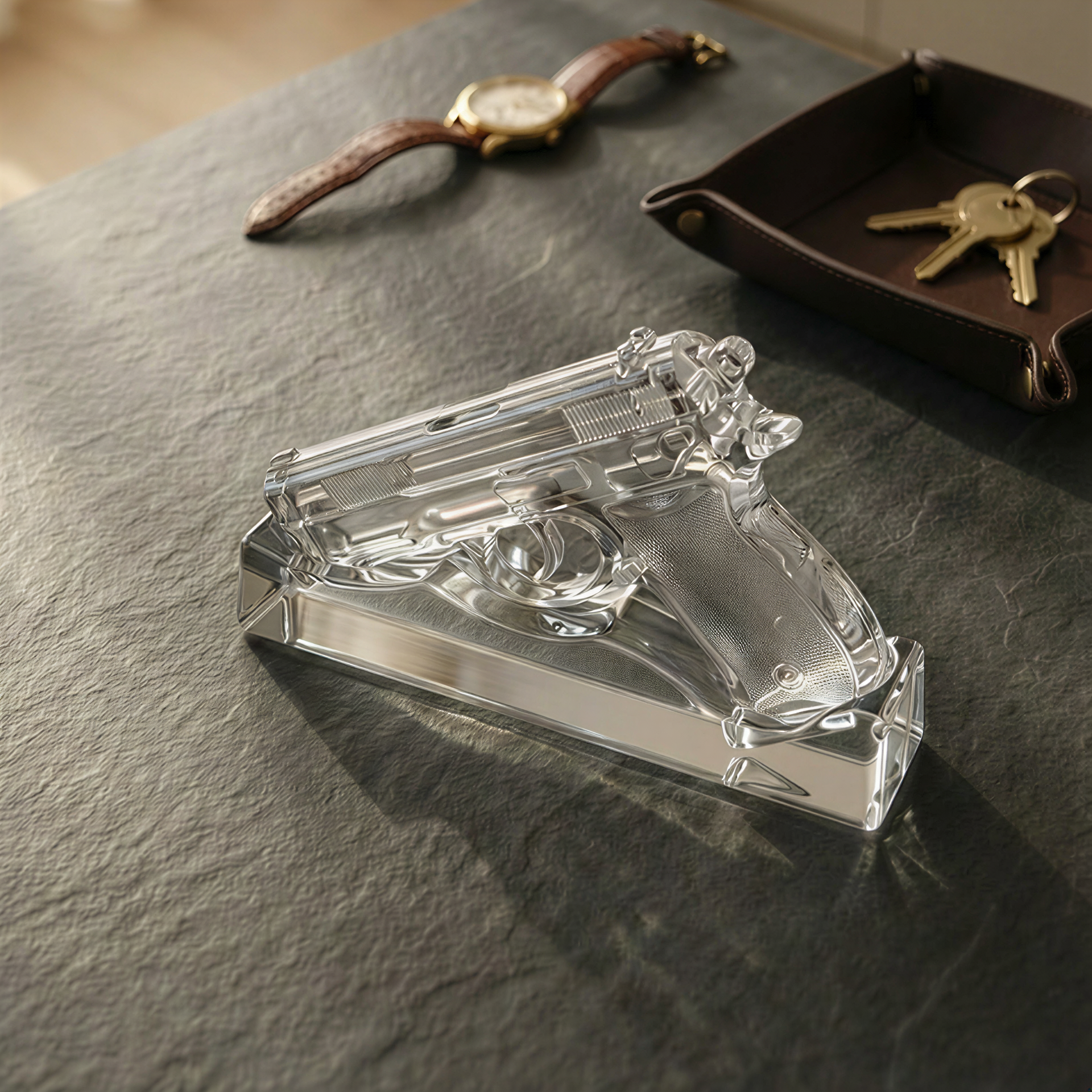 Clear glass gun-shaped object on a dark surface with a watch and keys in the background.