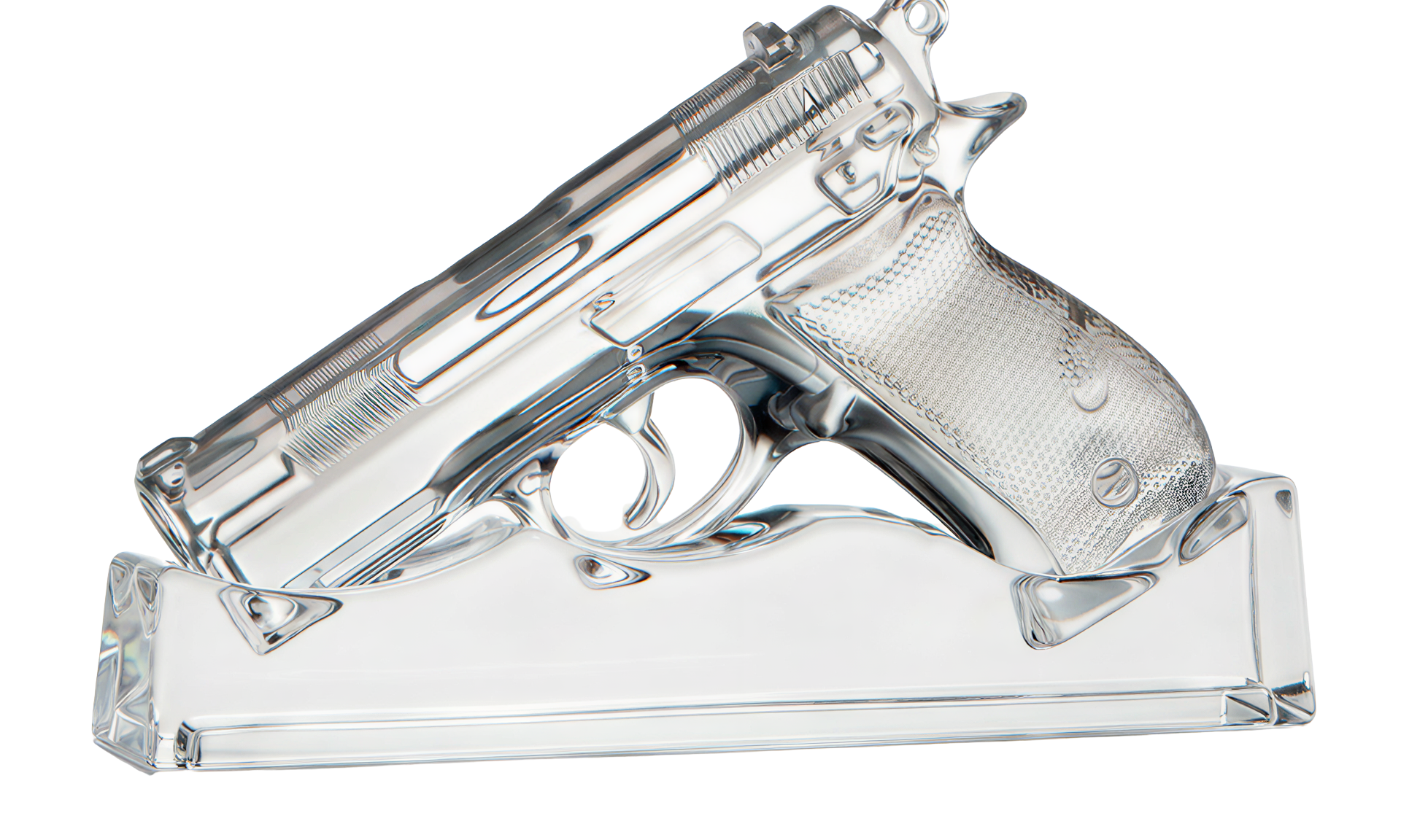 Clear glass model of a handgun on a white background