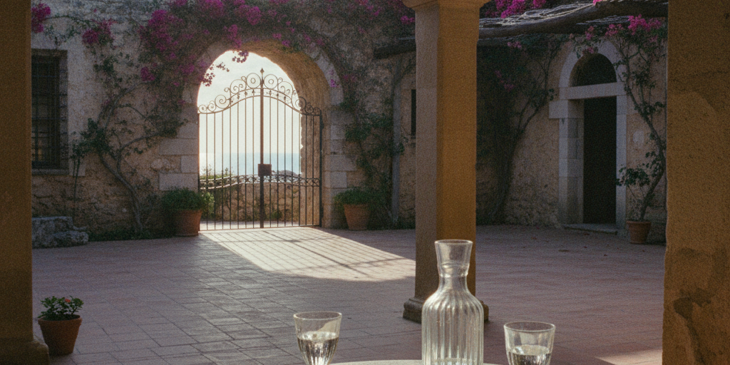 Outdoor setting with a table featuring a carafe and glasses, surrounded by stone walls and arches with pink flowers.