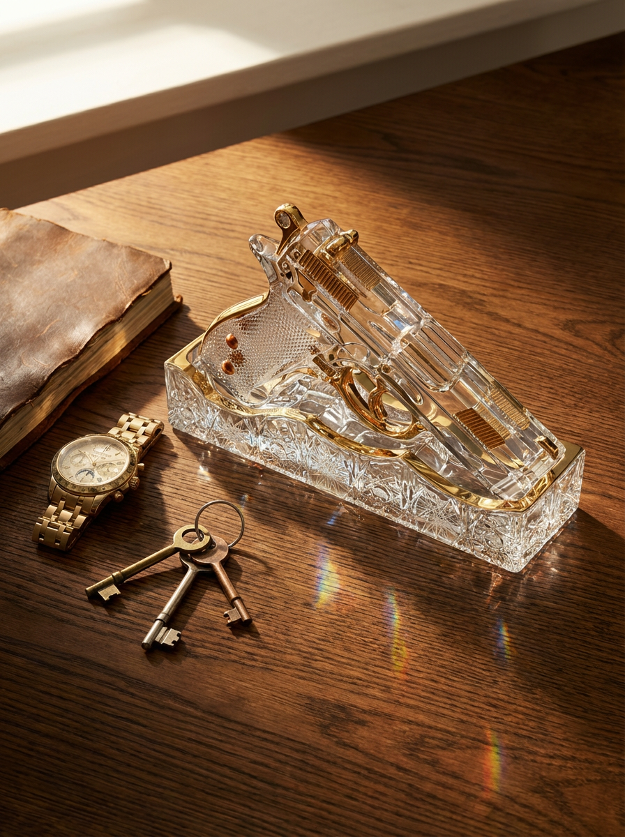 Glass gun model on a wooden surface with keys and a watch