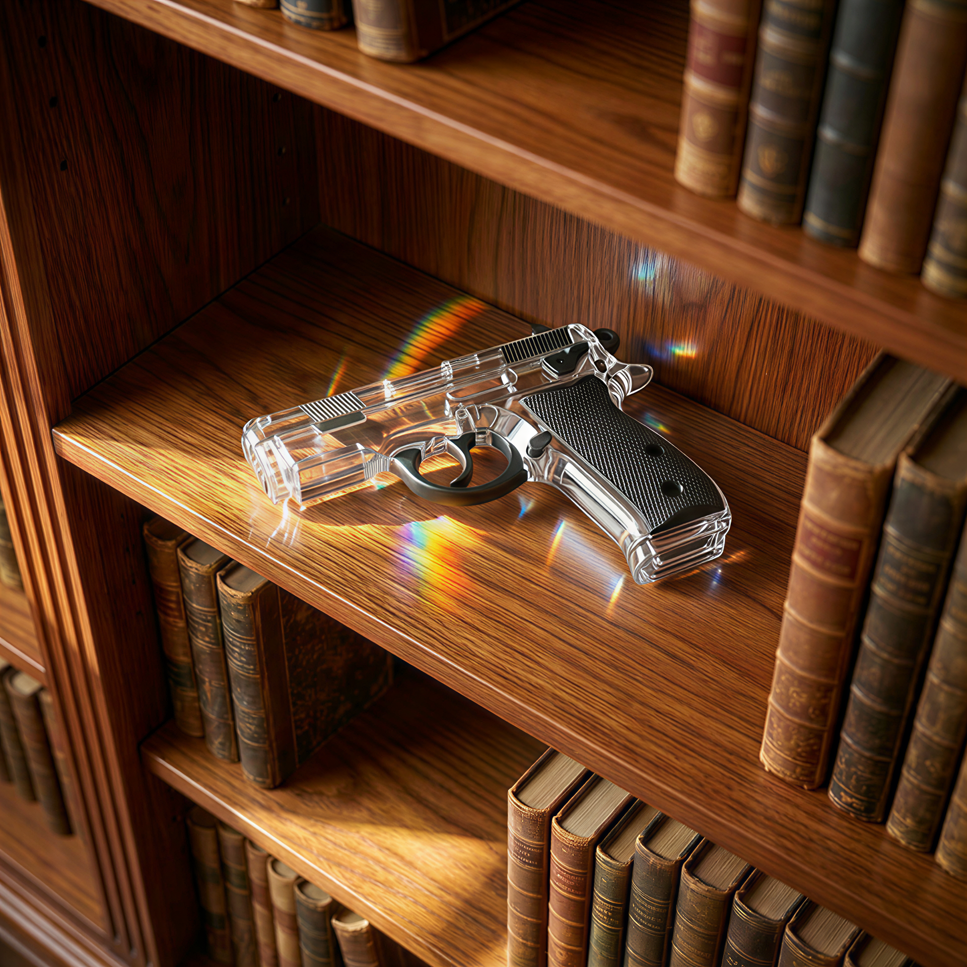 Clear gun-shaped object on a wooden shelf with books