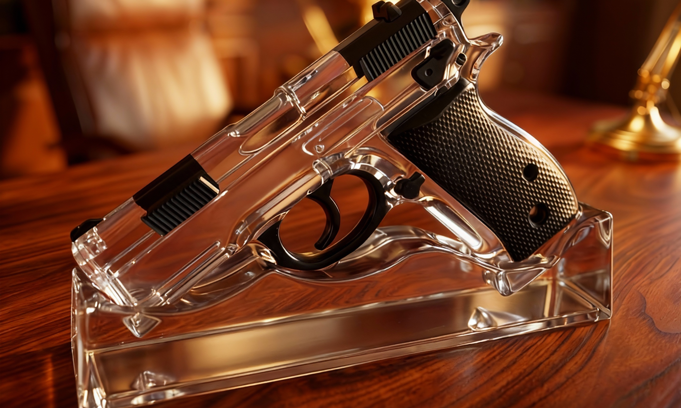 Clear gun-shaped object on a wooden surface with a blurred background