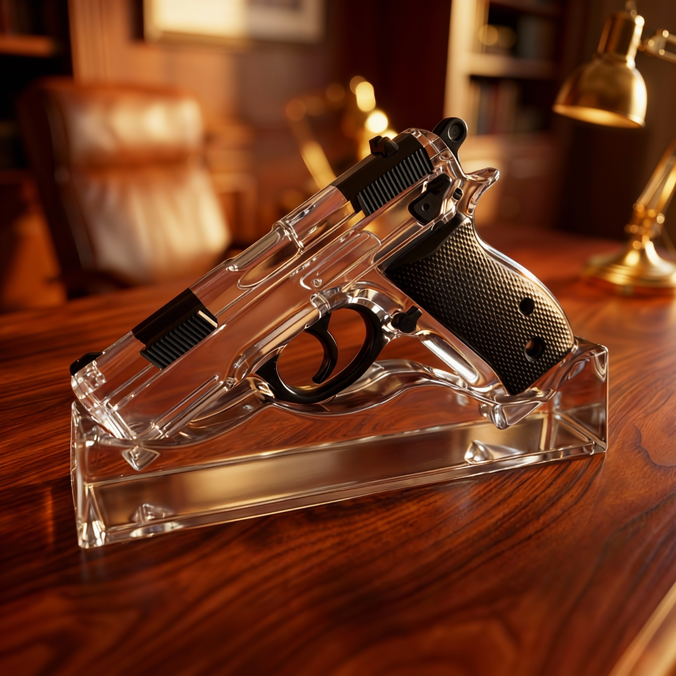 Clear gun-shaped object on a wooden surface with a blurred background