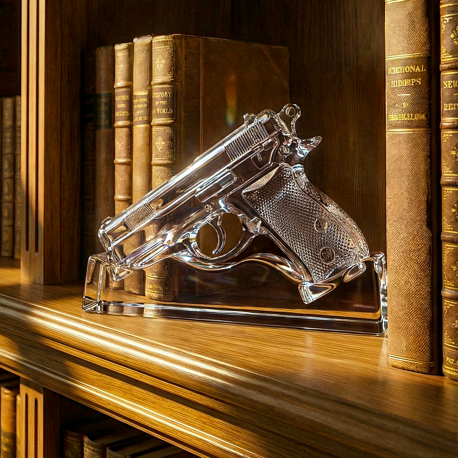 Bohemia Royal Crystal Classic Clear gun-shaped crystal object on a wooden shelf with books in the background.