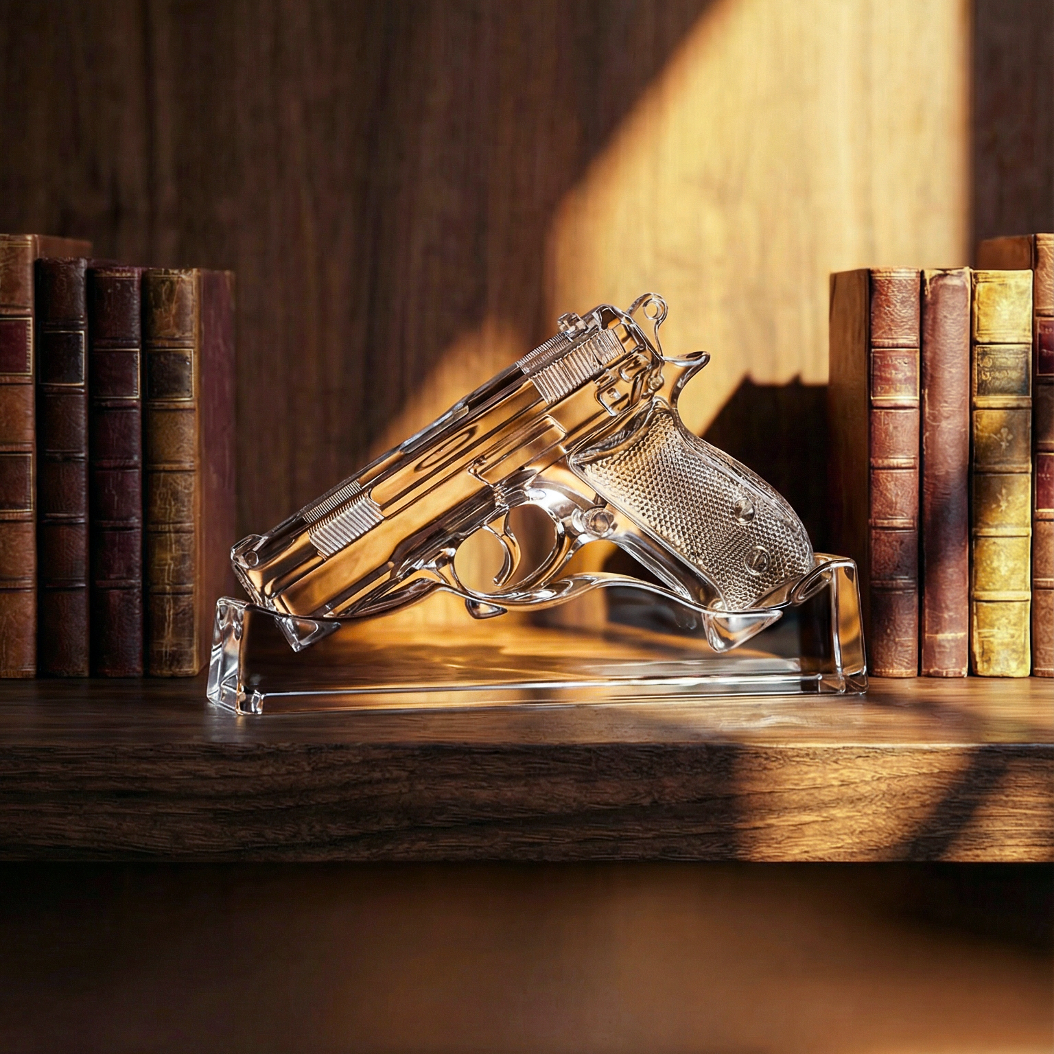 Bohemia Royal Crystal Classic Clear glass gun sculpture on a wooden surface with books in the background.