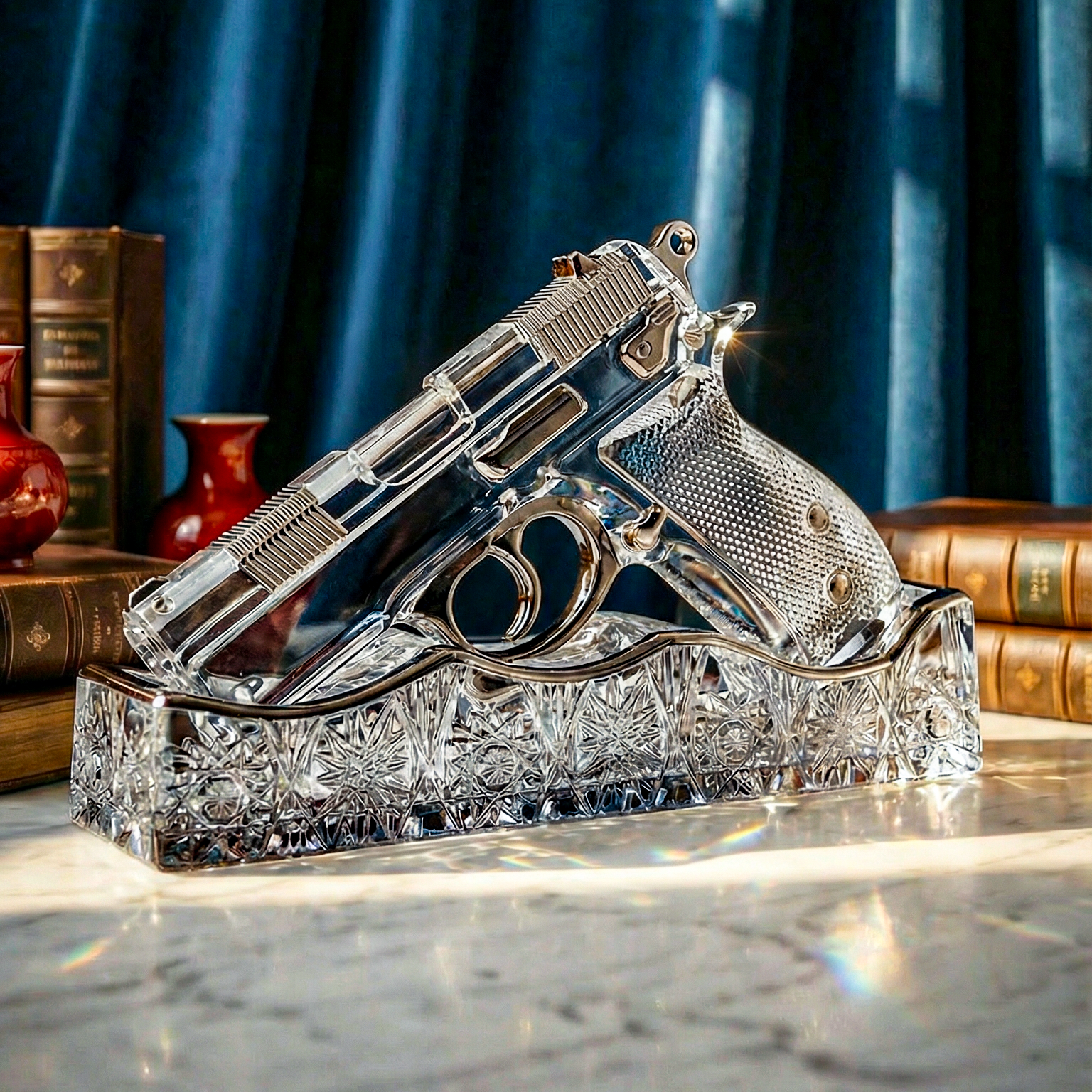 Decorative crystal gun sculpture on a reflective surface with a dark curtain background