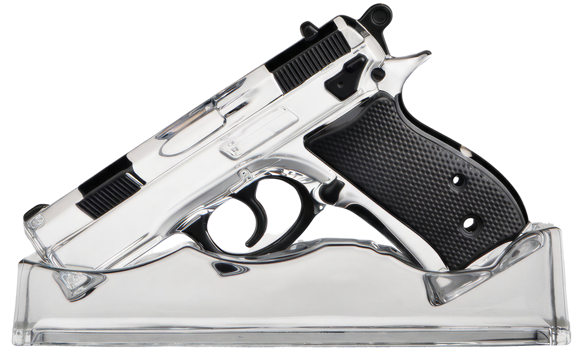 Decorative gun-shaped object on a clear stand with a white background
