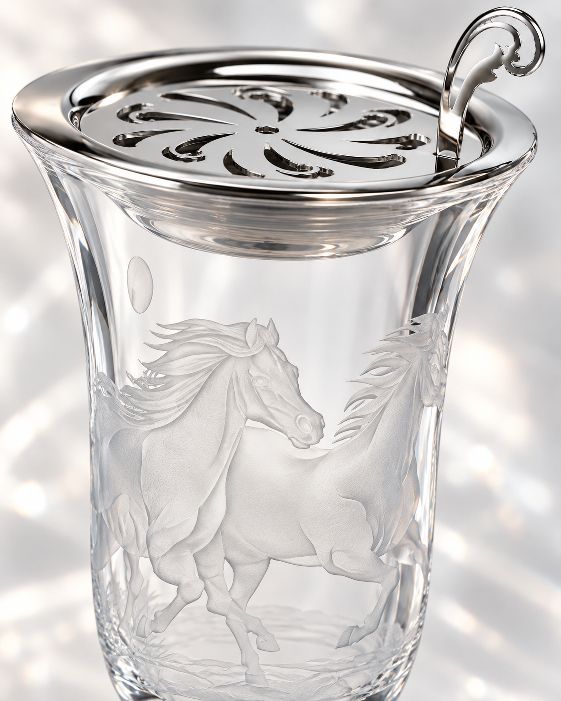 Arabian Horse Engraved Crystal Incense Burner, Close-up