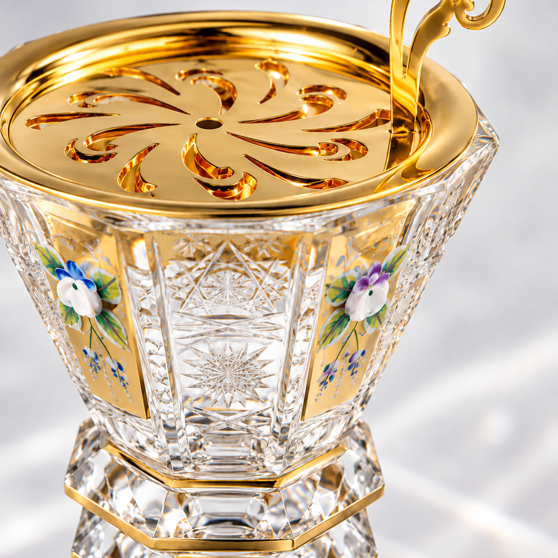 Belvedere Crystal Incense Goblet, Tall Floral, Close-up