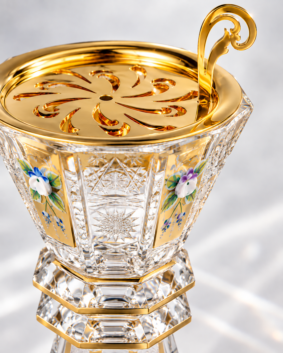 Belvedere Crystal Incense Goblet, Tall Floral, Close-up