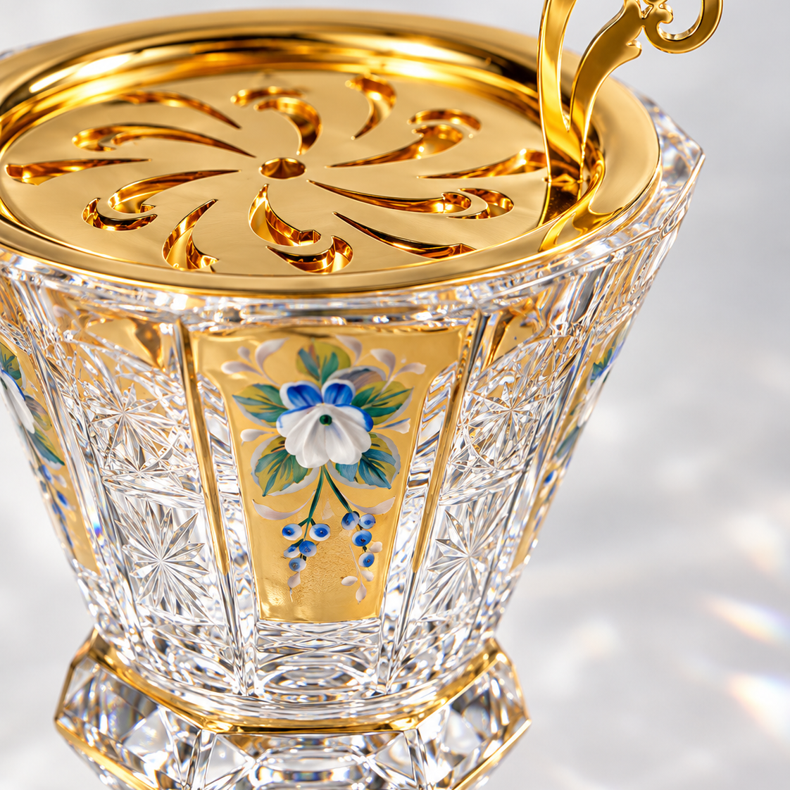 Belvedere Crystal Incense Goblet, Short Floral, Close-up