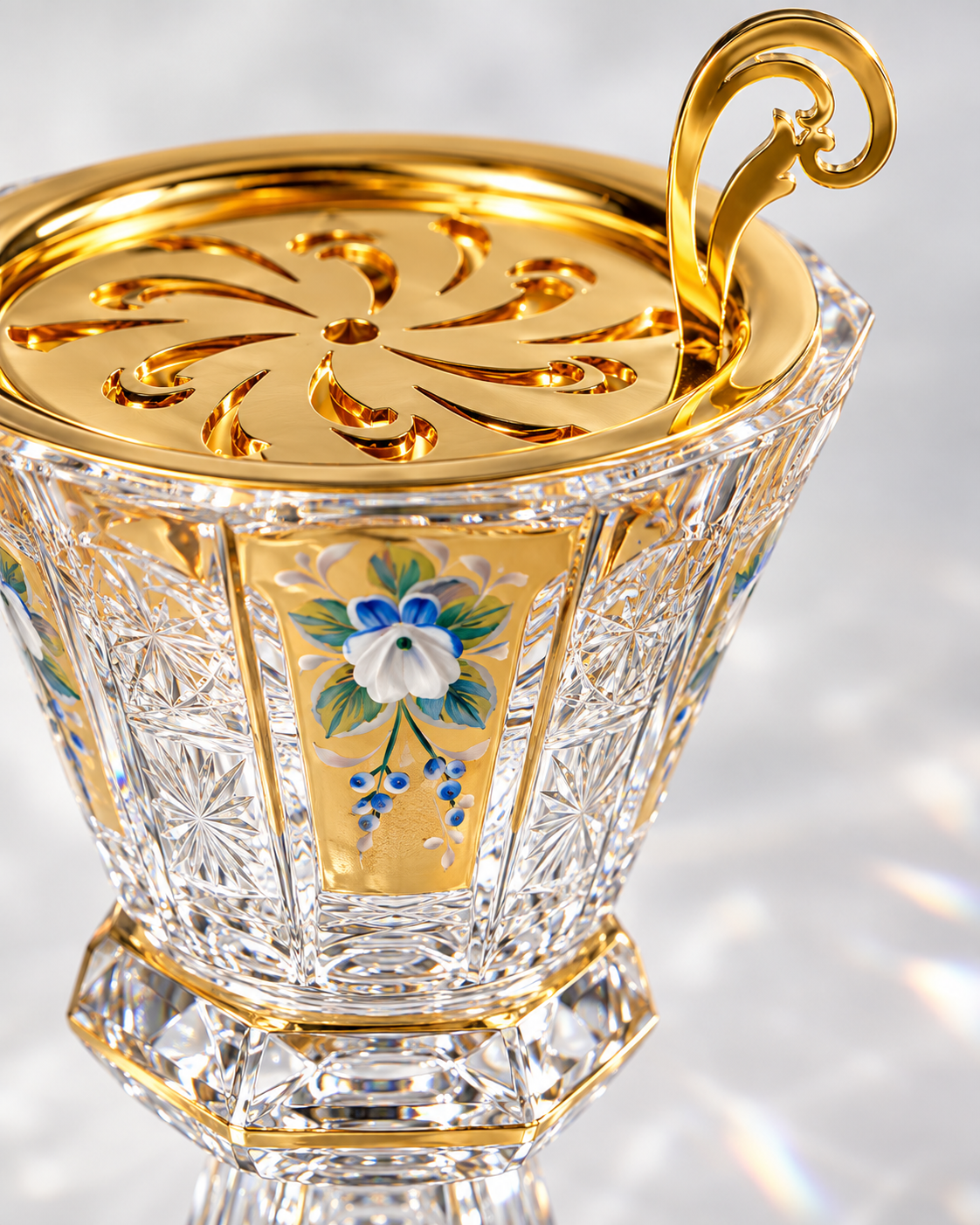 Belvedere Crystal Incense Goblet, Short Floral, Close-up