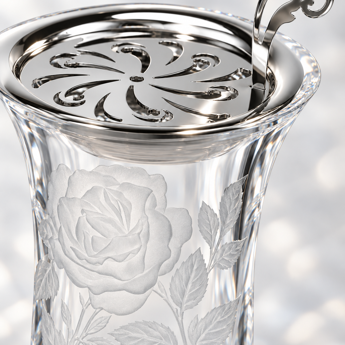 Roses Engraved Crystal Incense Burner, Close-up