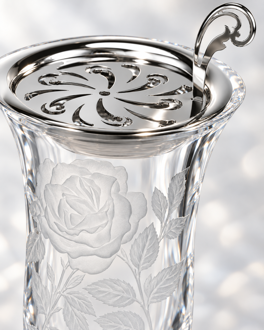 Roses Engraved Crystal Incense Burner, Close-up