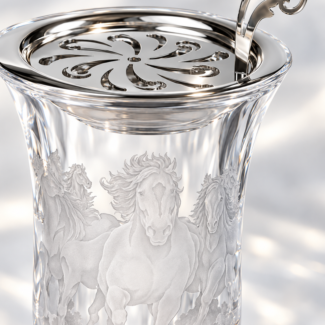 Arabian Horses Herd Engraved Crystal Incense Burner, Close-up