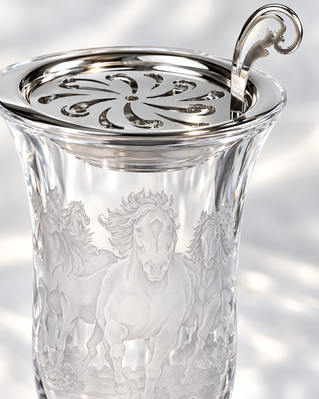 Arabian Horses Herd Engraved Crystal Incense Burner, Close-up