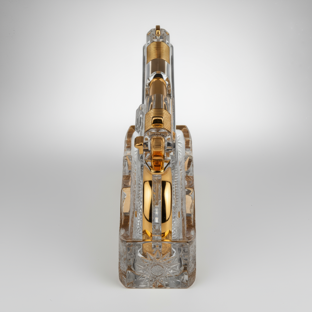 Clear and gold mechanical device on a light gray background