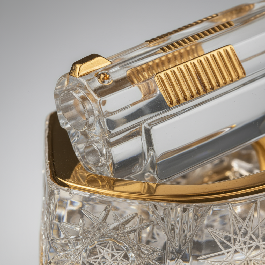 Close-up of a clear and gold decorative item with intricate patterns on a gray background