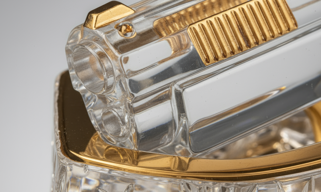 Close-up of a clear and gold decorative item with intricate patterns on a gray background