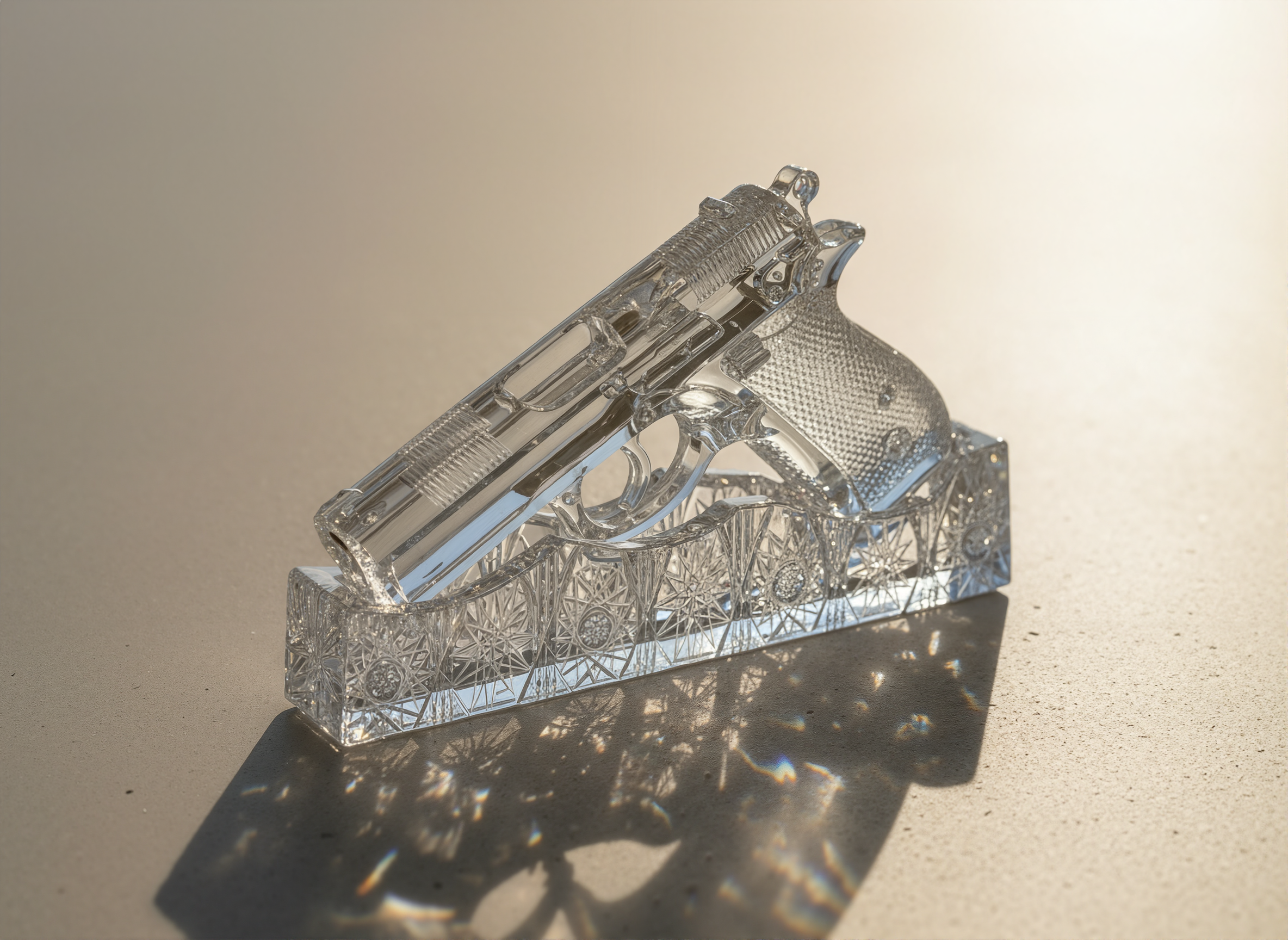 Metallic object with intricate design on a reflective surface