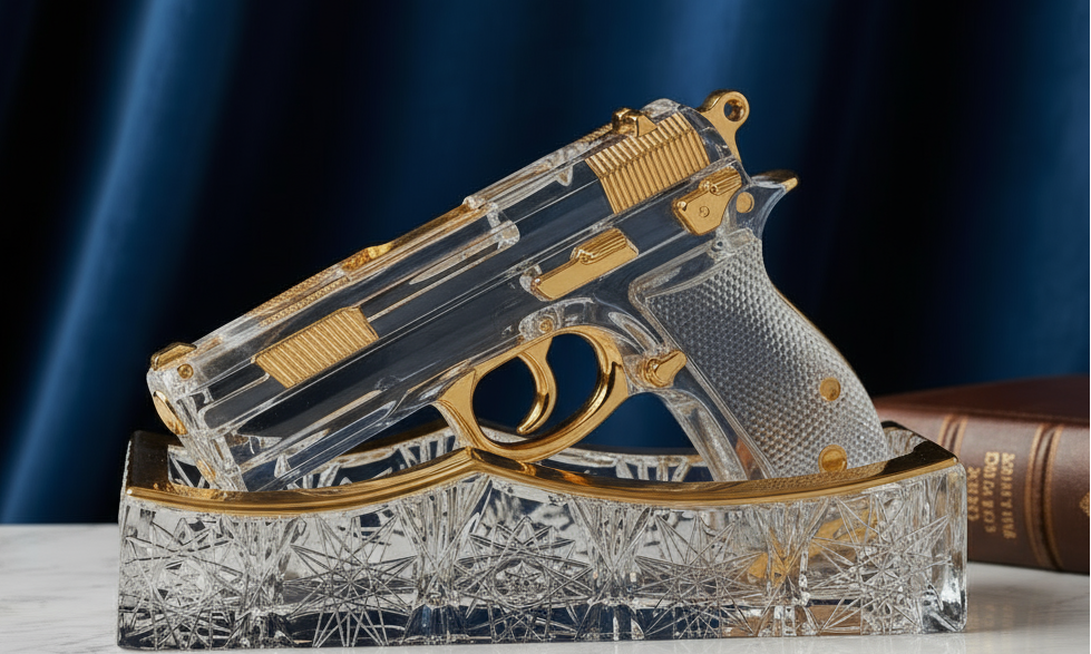 Decorative crystal gun on a marble surface with a blue curtain background