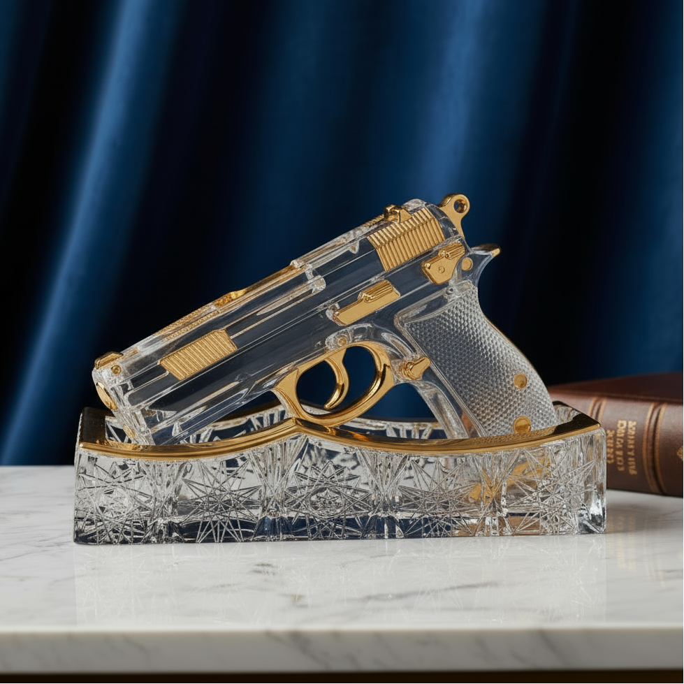 Decorative crystal gun on a marble surface with a blue curtain background
