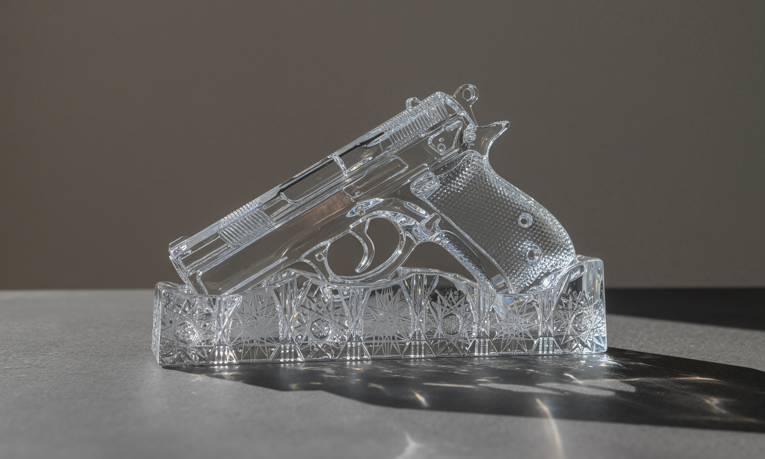 Clear glass sculpture of a handgun on a reflective surface with a neutral background