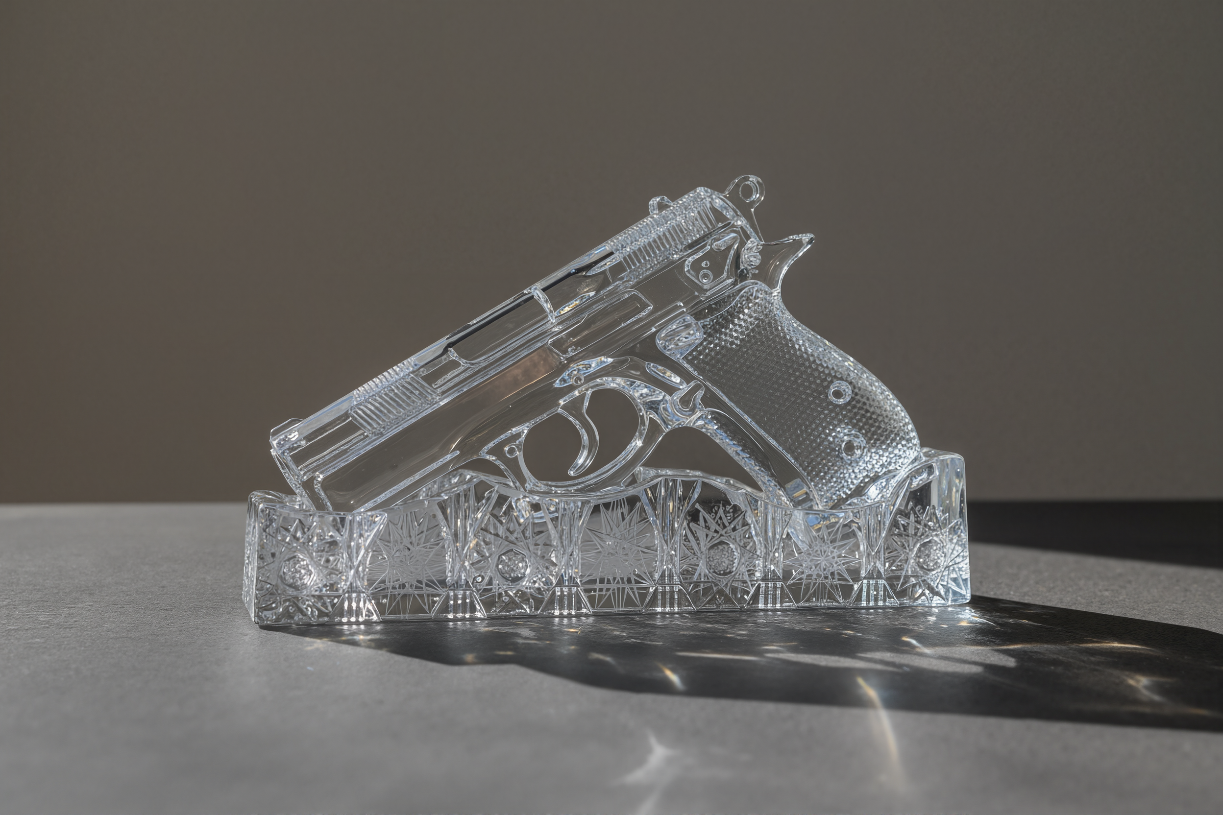 Clear glass sculpture of a handgun on a reflective surface with a neutral background
