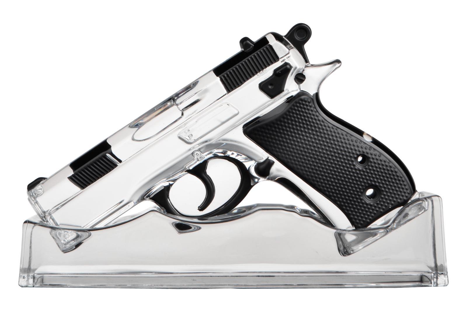 Model of a handgun on a clear stand against a white background